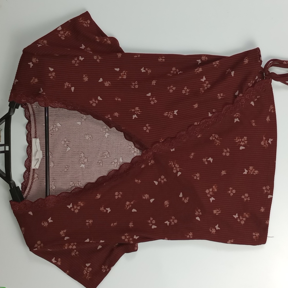 Pink Rose Floral V Cut Tie Floral Lace Stretch Women’s Large Maroon Red